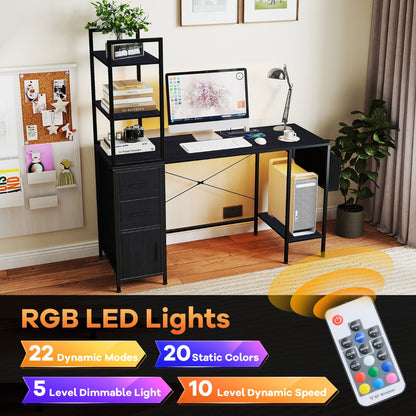 Office Desk with LED Lights and Power Outlets for Home Office-Black