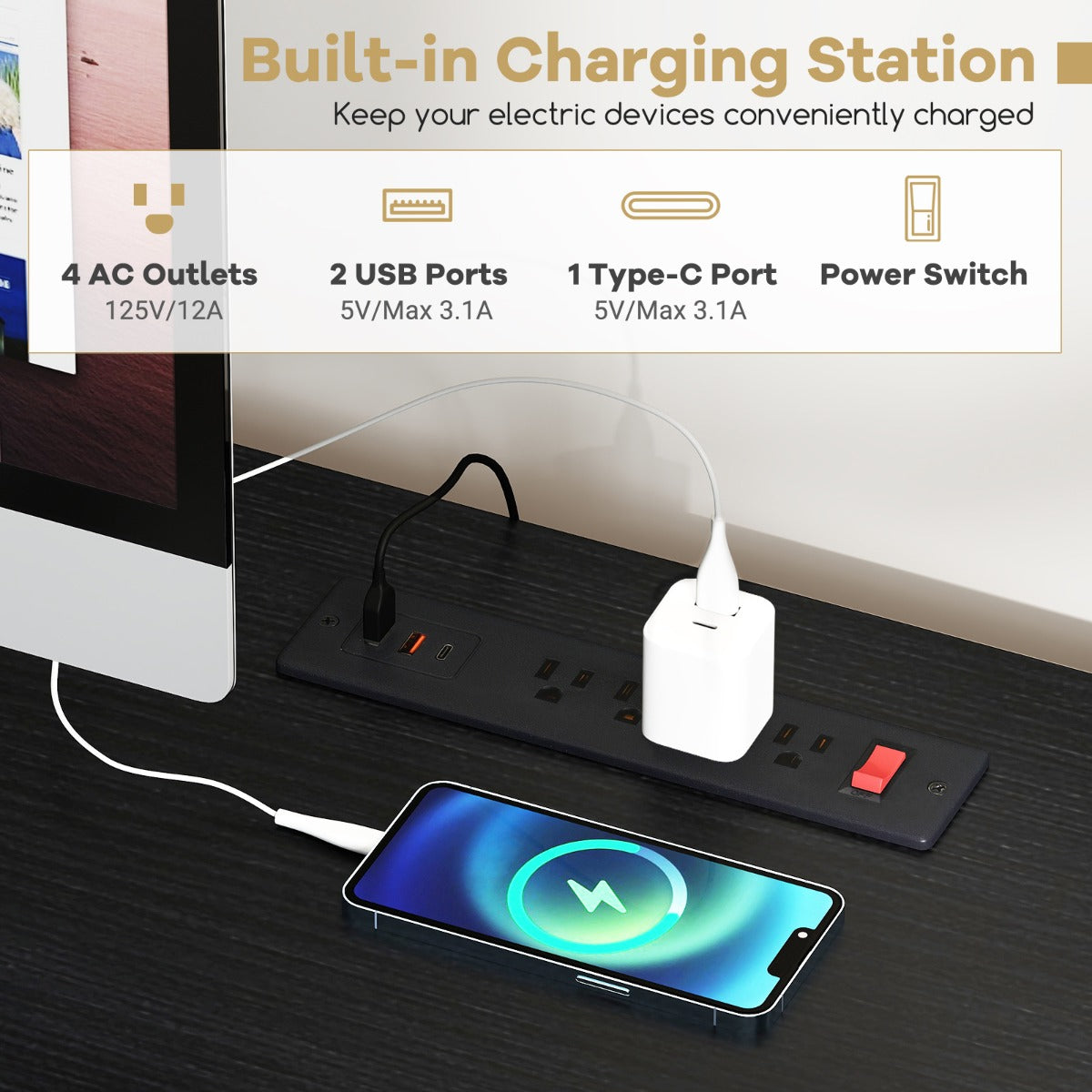 Office Desk with LED Lights and Power Outlets for Home Office-Black