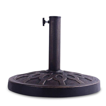 Heavy-duty resin umbrella stand with steel upright offers stable support for outdoor shade