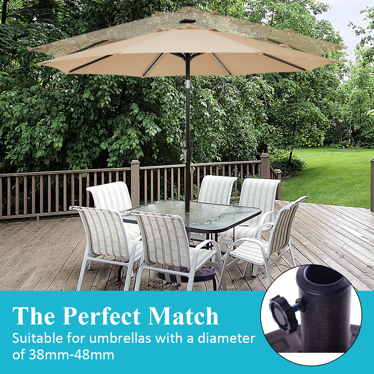 Decorative resin and steel umbrella stand combines practical stability with an attractive finish