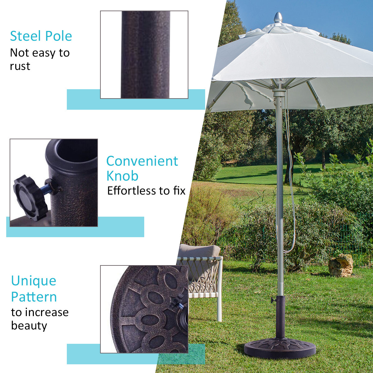 Round umbrella base includes an adjustable coupler for poles measuring 38 to 48 millimeters