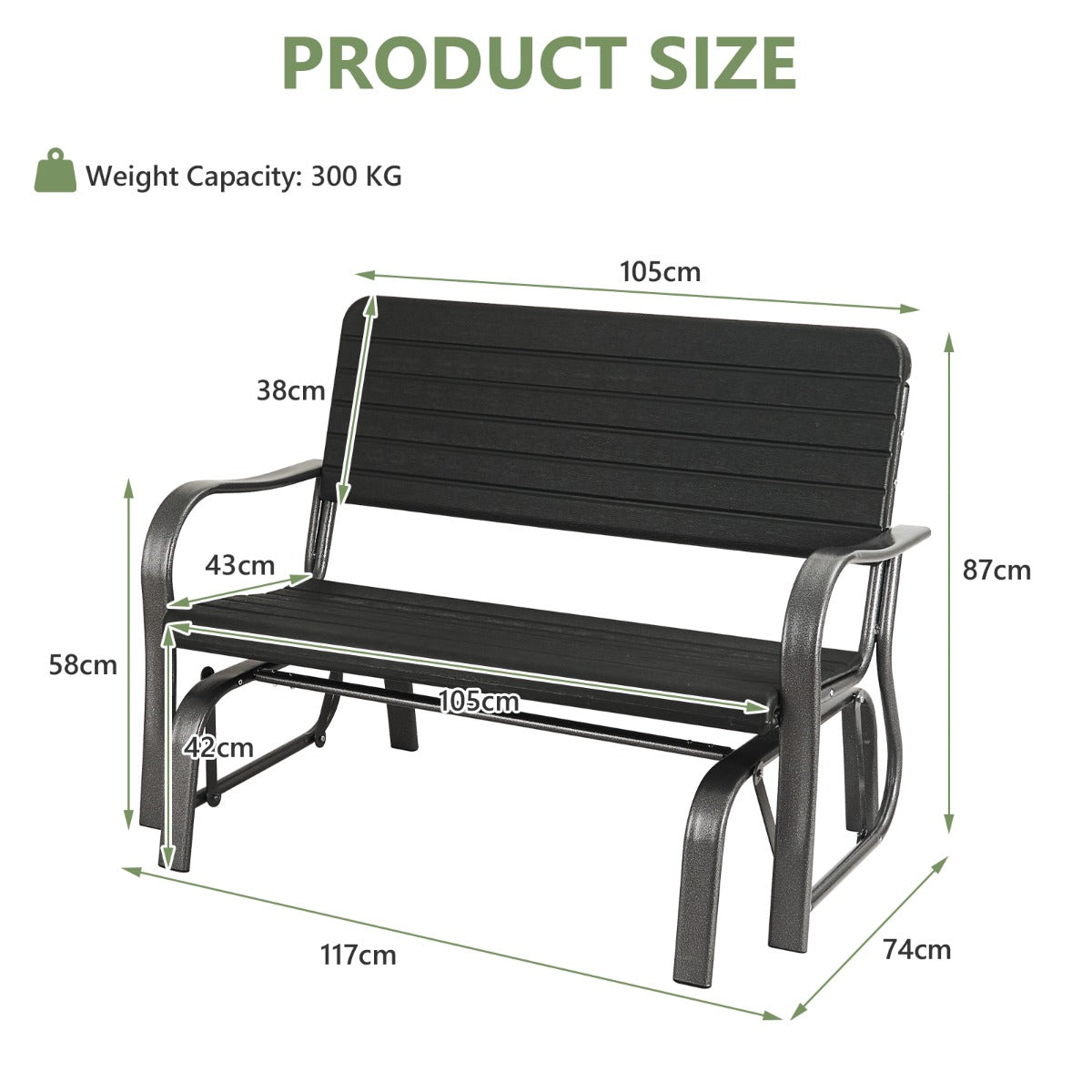Two-seat outdoor glider bench with a heavy-duty steel frame, HDPE seat and 300 kg capacity