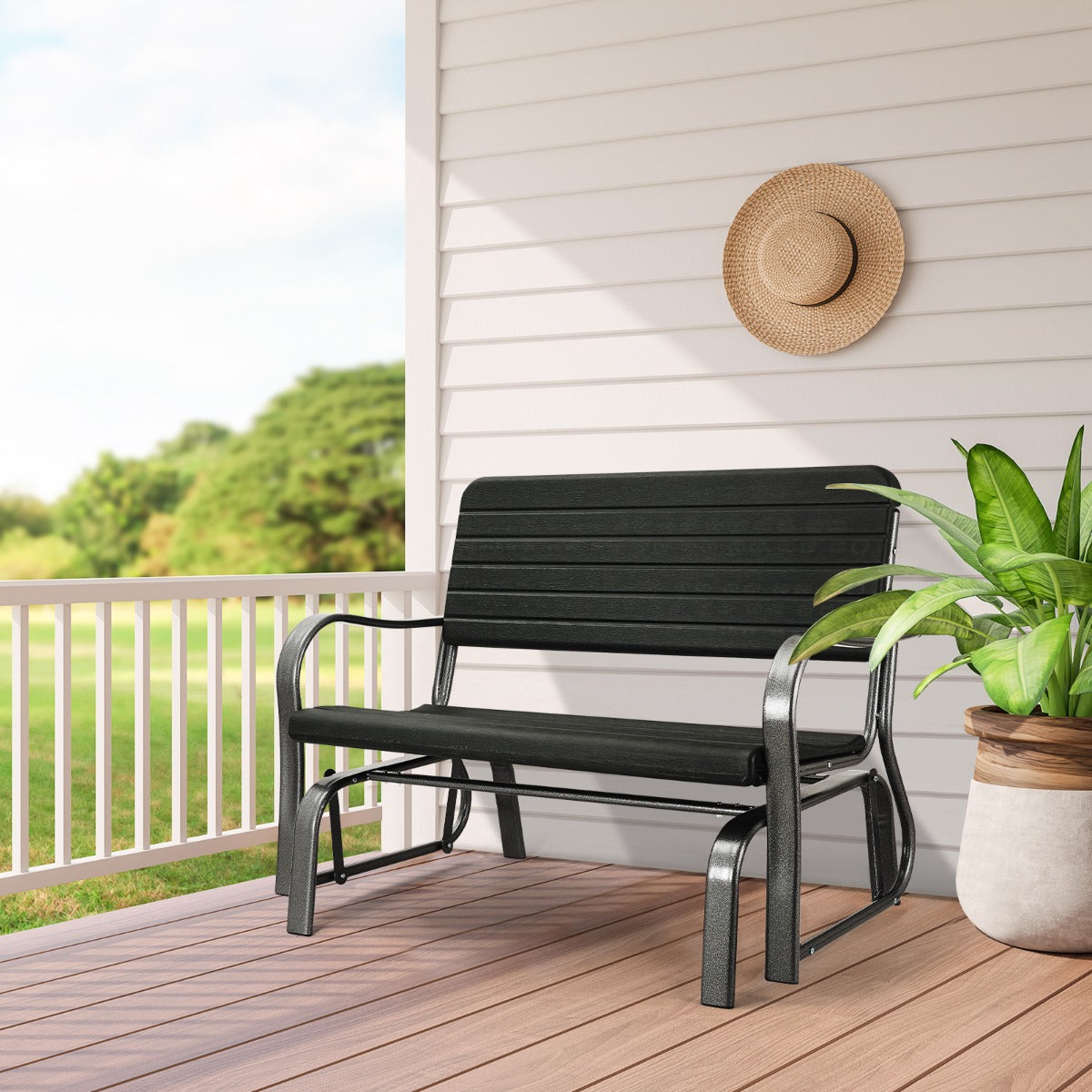 Durable HDPE two-person rocking bench with rustproof powder-coated steel frame and stable foot pads