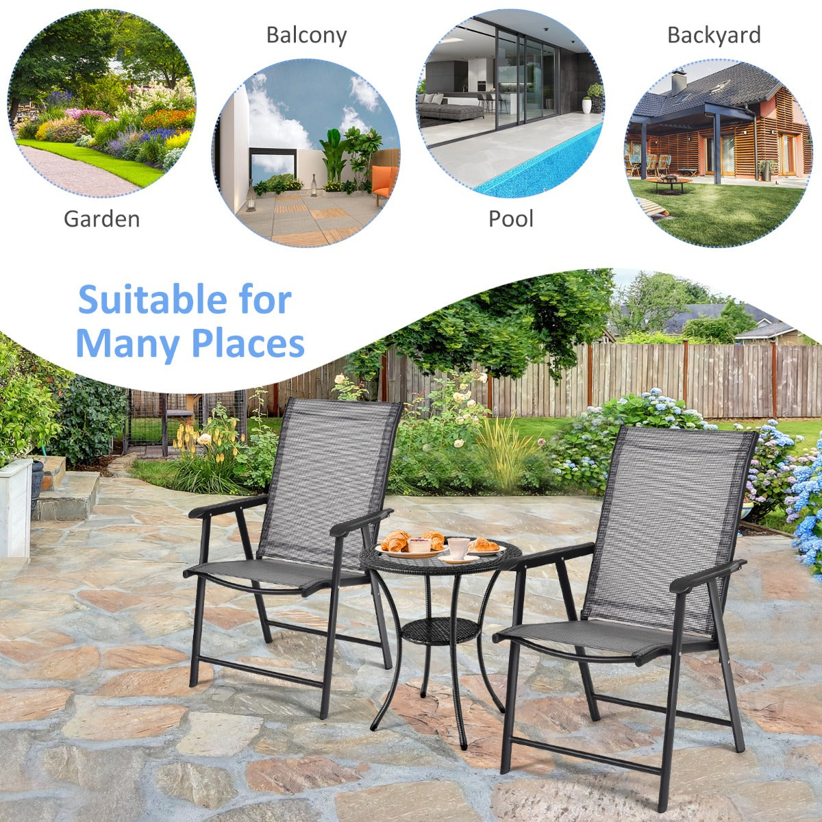 Gray folding dining chairs require no assembly and are easy to clean after outdoor use