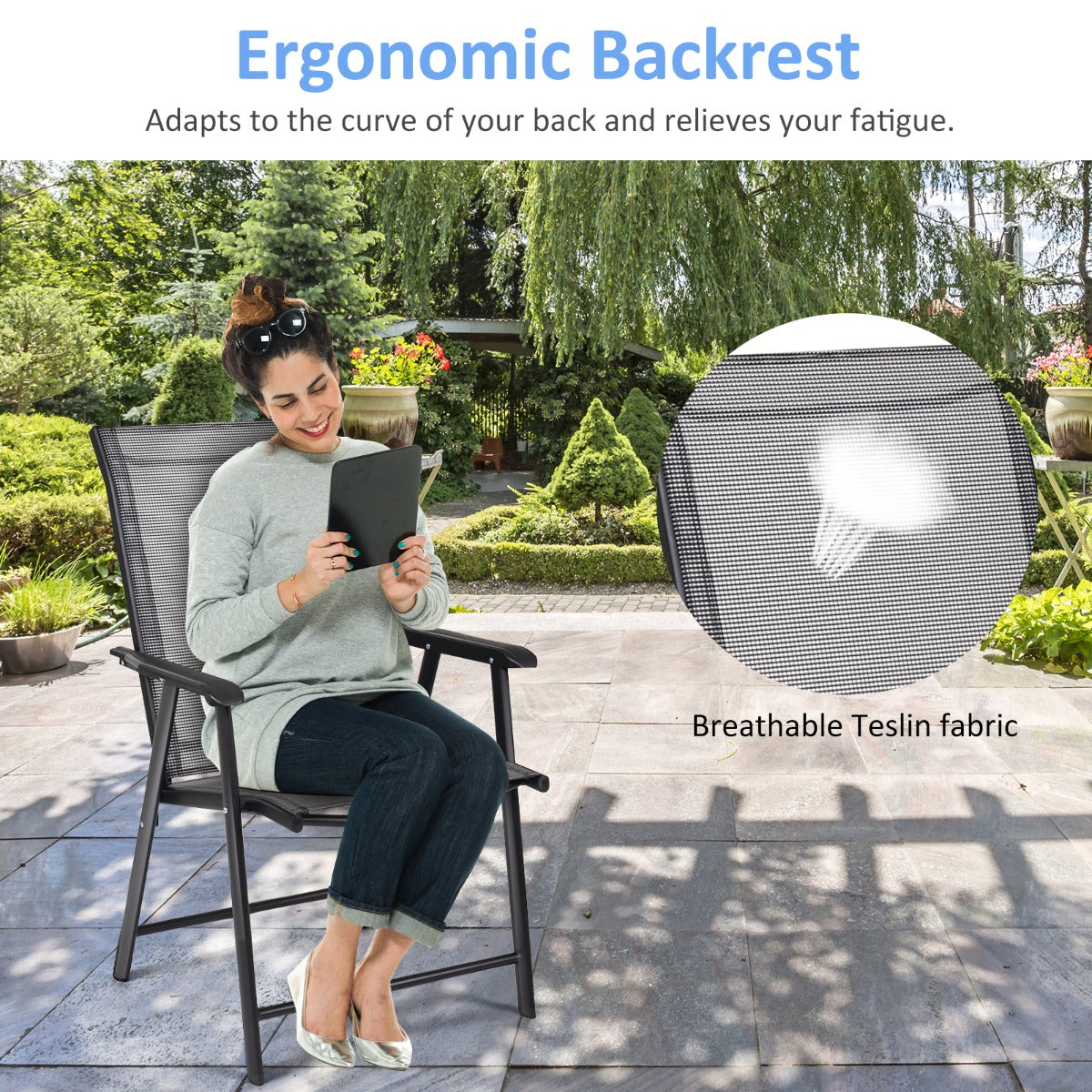 Each folding patio chair supports up to 150 kilograms for reliable seating
