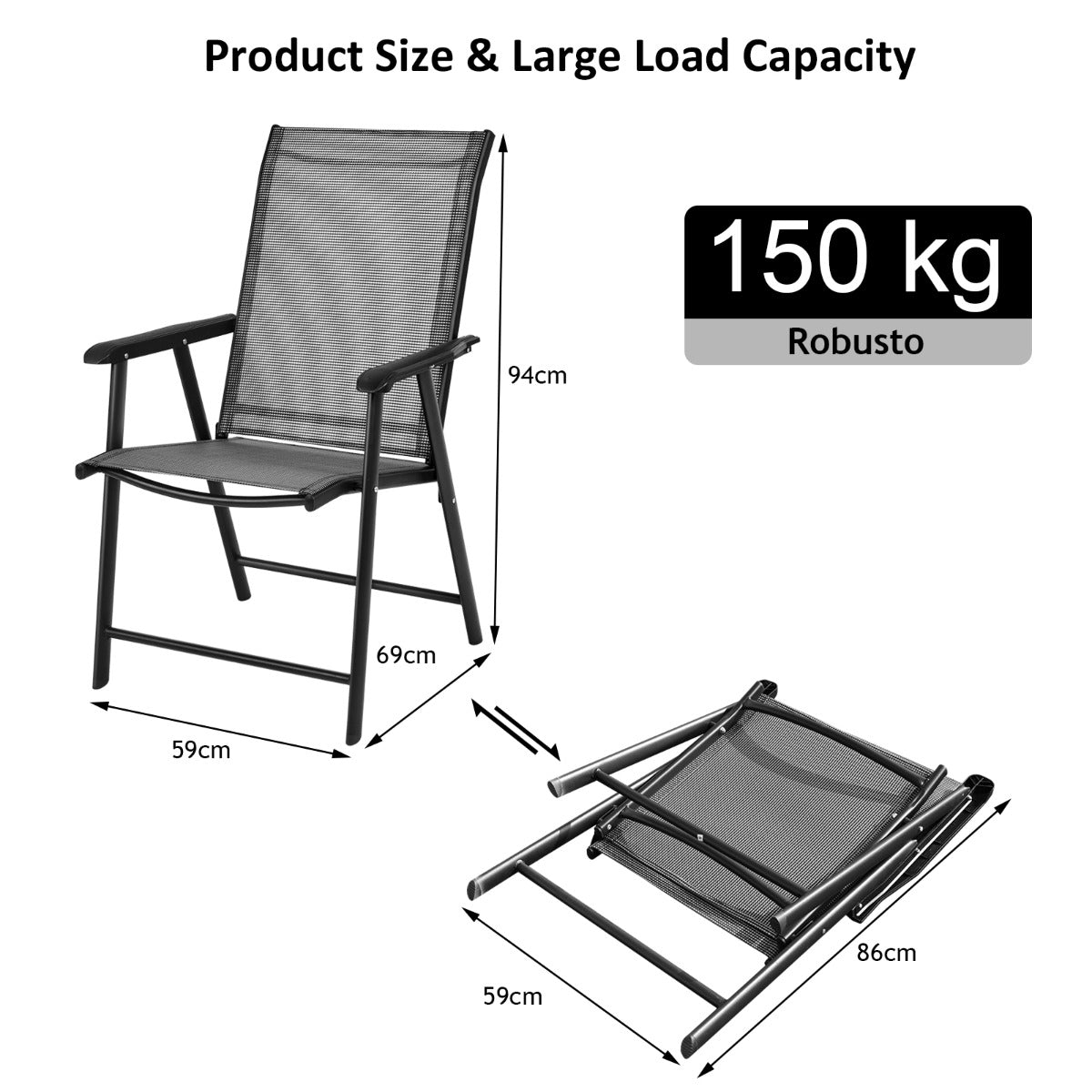 Two folding patio chairs feature breathable weather-resistant fabric for cool outdoor seating