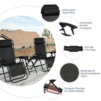 Costway 3 Pieces Zero Gravity Lounge Chair Set with Removable Headrest