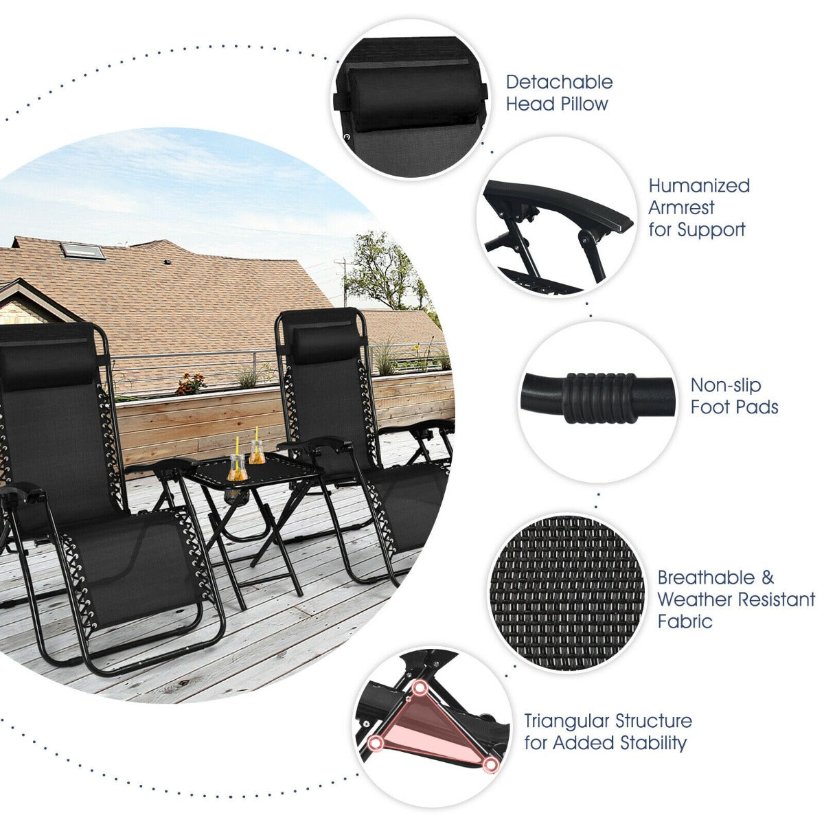 Breathable weather-resistant fabric keeps the outdoor recliners comfortable during hot summer days