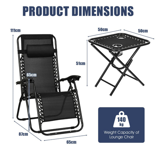 Three-piece zero gravity patio recliner set with two adjustable lounge chairs, folding table, head pillows, and cup holders