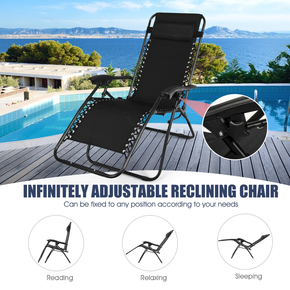 Curved armrests and removable soft head pillows provide supportive comfort for relaxing, napping, or reading