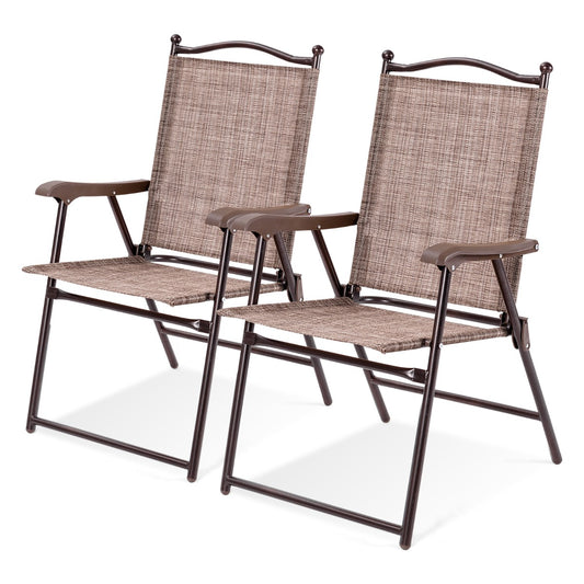 Costway Set of 2 Patio Folding Chairs with Armrests for Garden Brown