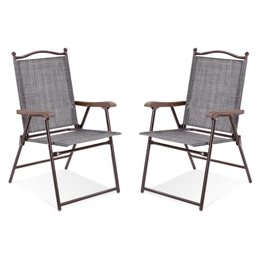 Costway Set of 2 Patio Folding Chairs with Armrests for Garden Gray