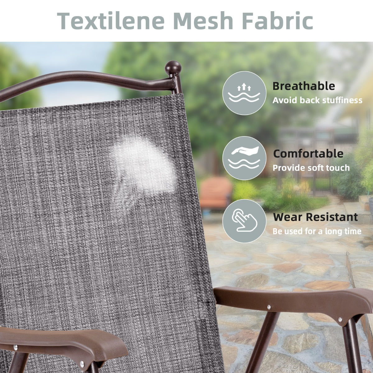 Curved backrests, cozy armrests, and wide seats provide comfortable whole-body support for outdoor relaxation