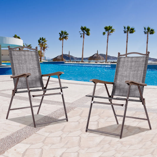 Costway Set of 2 Patio Folding Chairs with Armrests for Garden Gray