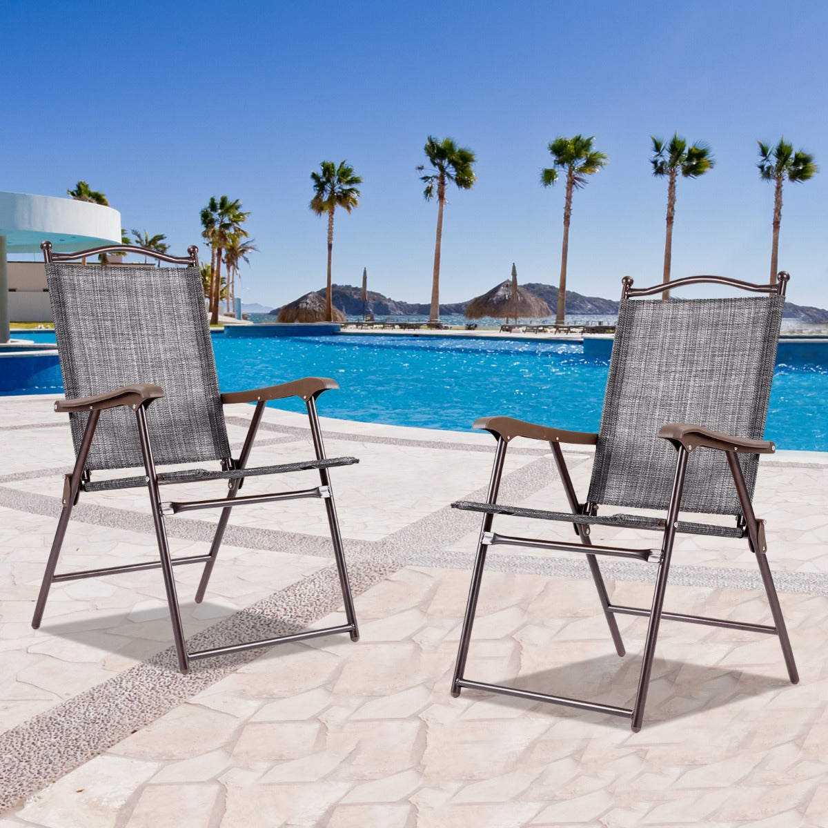 Foldable patio chairs collapse into a compact size for convenient movement, storage, and seasonal organization