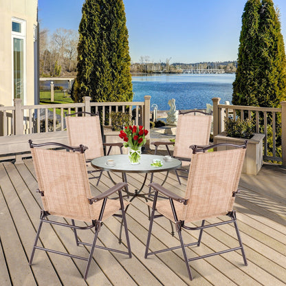 Lightweight folding chairs are easy to carry between patios, gardens, backyards, balconies, and poolside areas