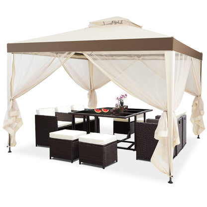 Garden gazebo with decorative patterns and loop straps for conveniently securing the curtains