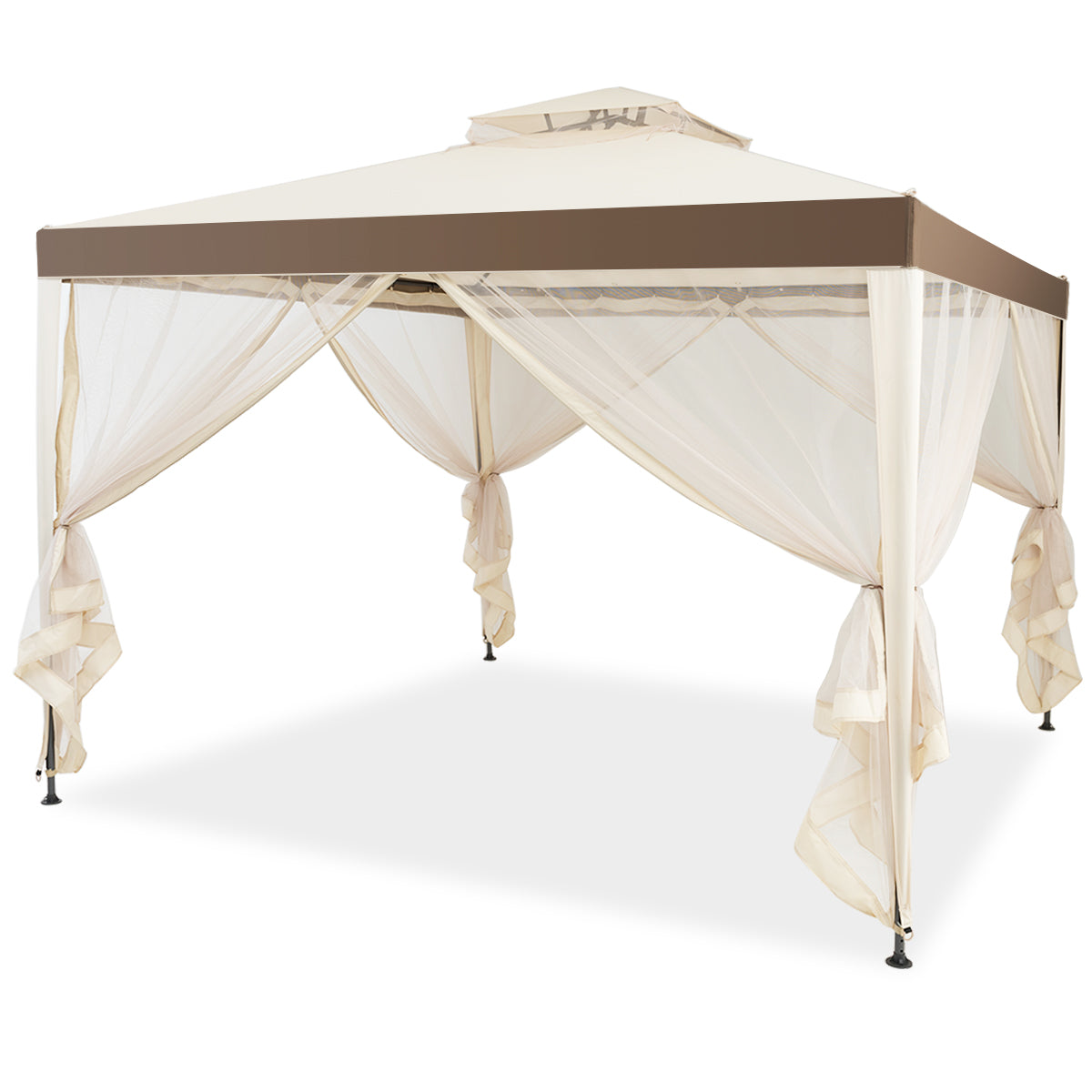 Double-tier gazebo roof improves ventilation while helping keep rain and wind outside the canopy