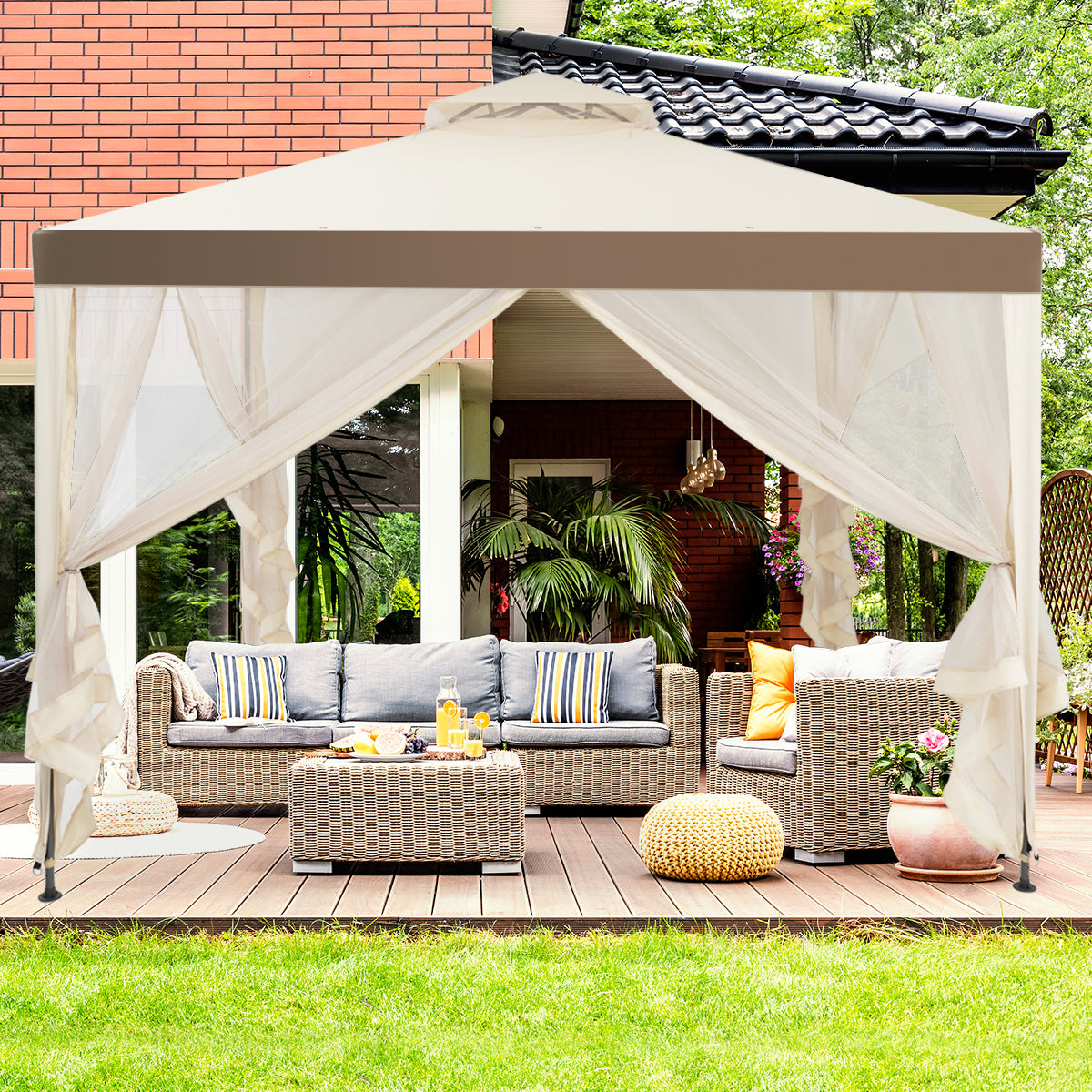 Fully enclosed gazebo mosquito netting with zippers helps keep insects away from outdoor gatherings