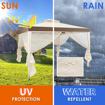 Portable outdoor gazebo includes necessary hardware and an instruction manual for straightforward assembly