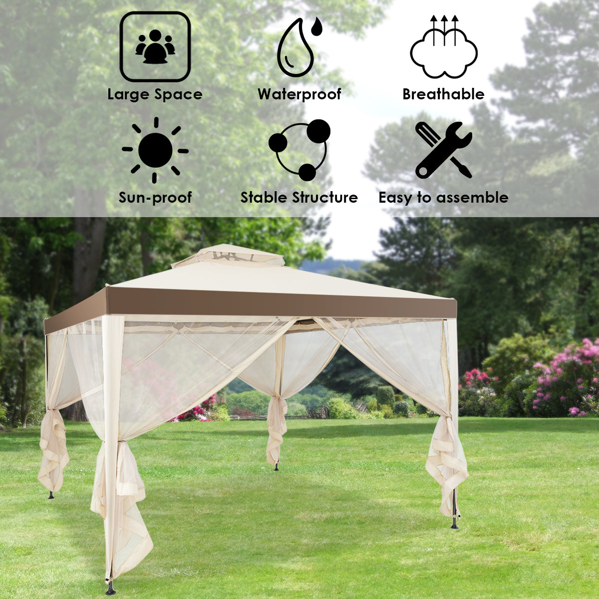 Costway 3M X 3M Outdoor Canopy Gazebo with Mosquito Netting for Garden &amp; Lawn-Beige