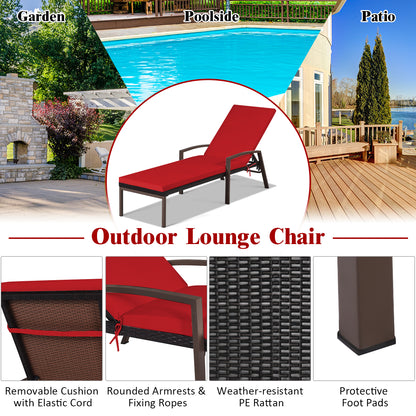 Costway Outdoor Reclining Chaise with Adjustable Backrest for Garden Red