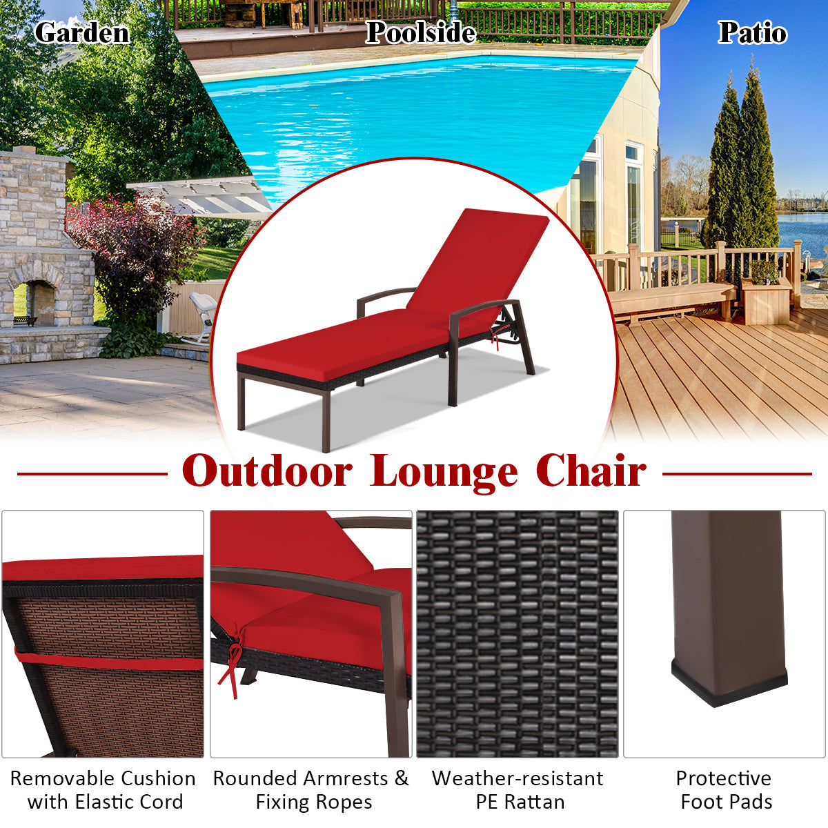 Removable polyester cushion cover with zipper makes this patio lounge chair easy to clean
