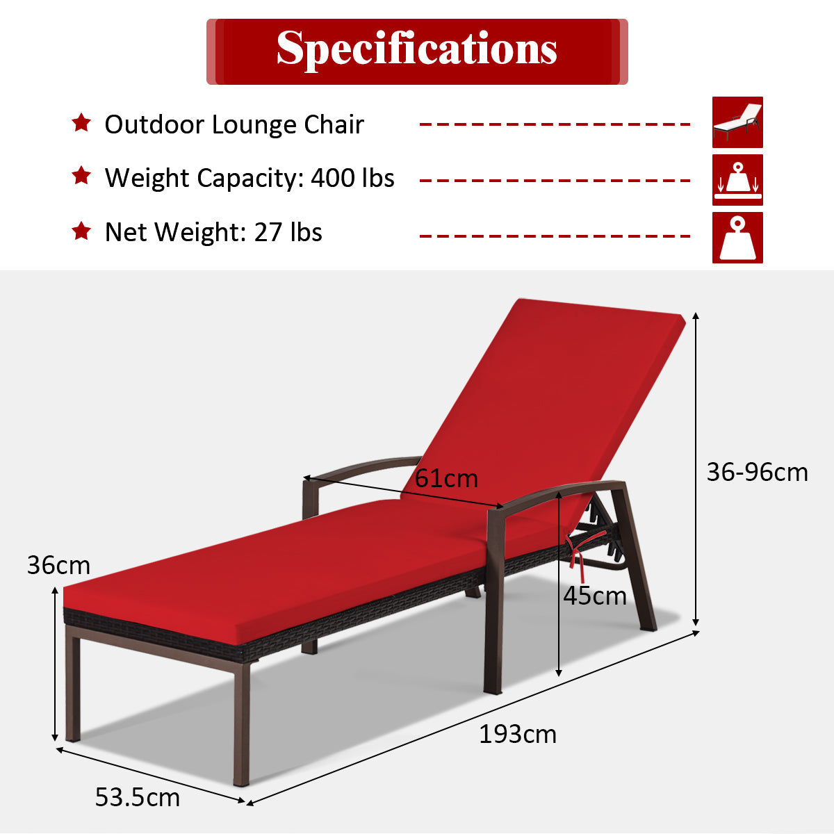 Outdoor wicker chaise lounge chair combines a sturdy steel frame with a soft, spacious cushion
