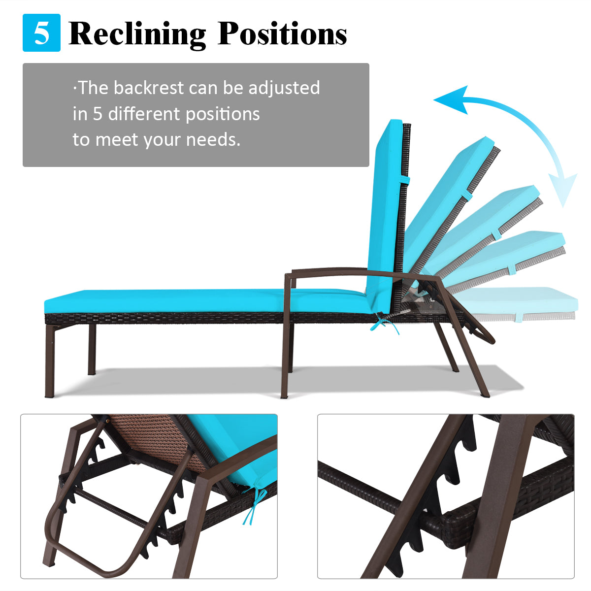 Costway Outdoor Reclining Chaise with Adjustable Backrest for Garden Turquoise