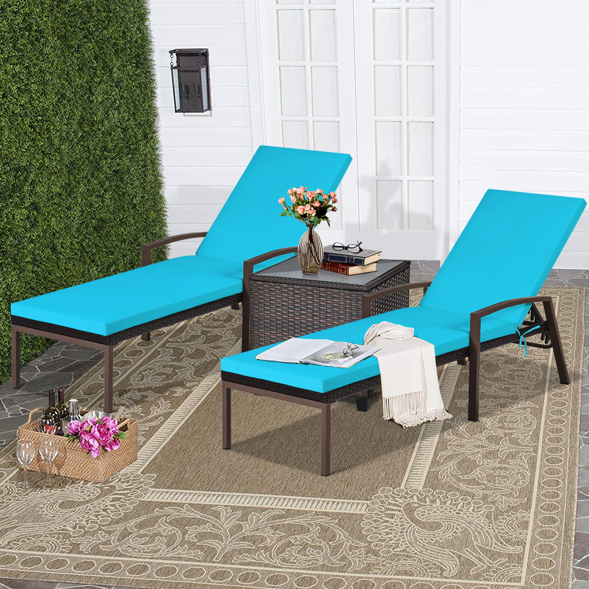 Costway Outdoor Reclining Chaise with Adjustable Backrest for Garden Turquoise