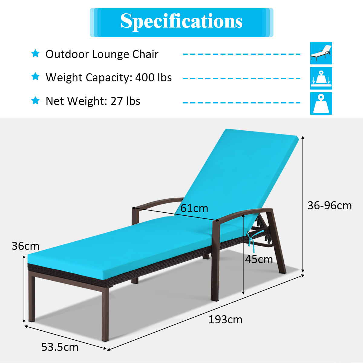 Costway Outdoor Reclining Chaise with Adjustable Backrest for Garden Turquoise