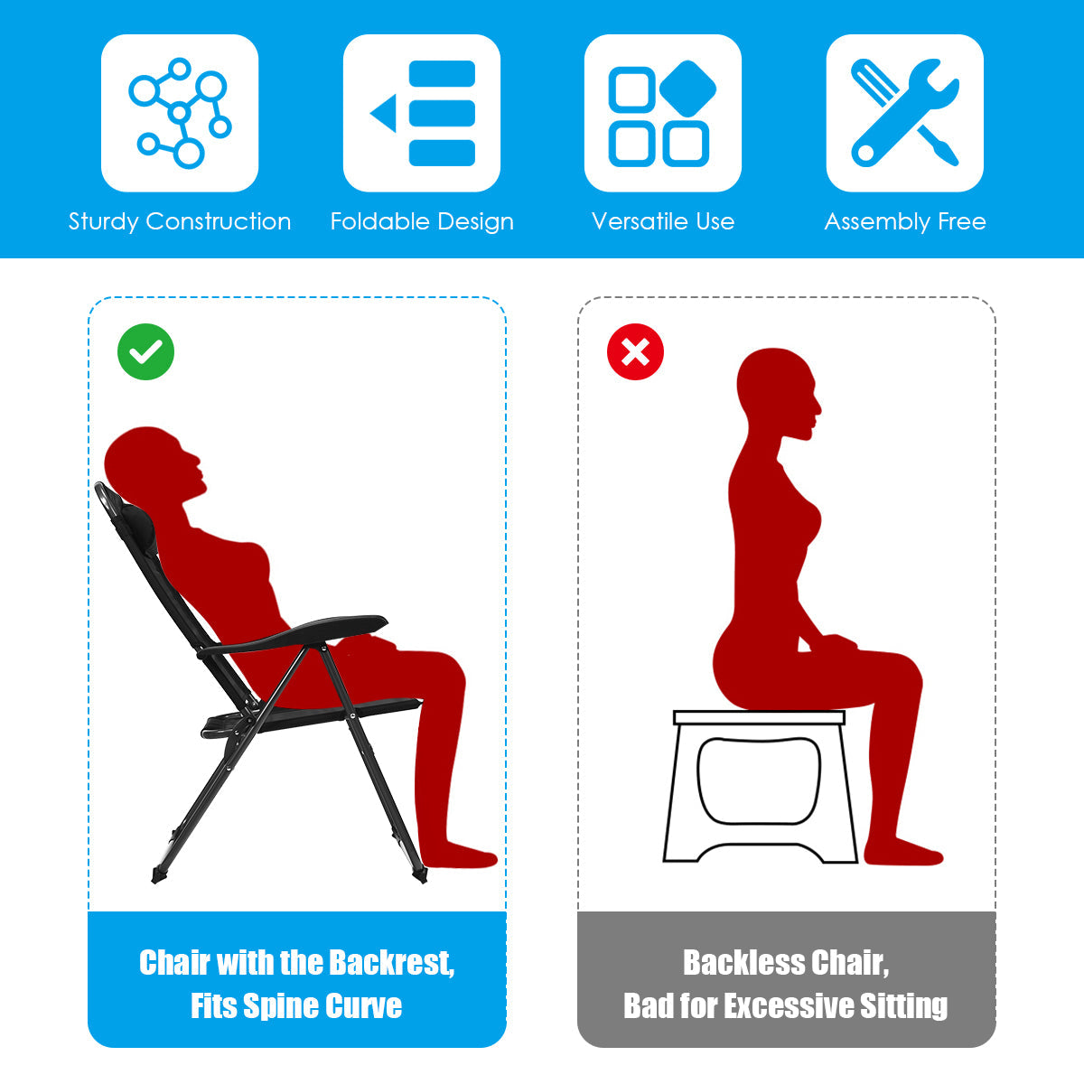 Adjustable reclining chairs provide comfortable positions for camping, fishing, and sunbathing