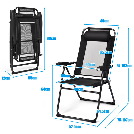 Two folding sling chairs offer seven adjustable backrest positions for reading, relaxing, and sleeping