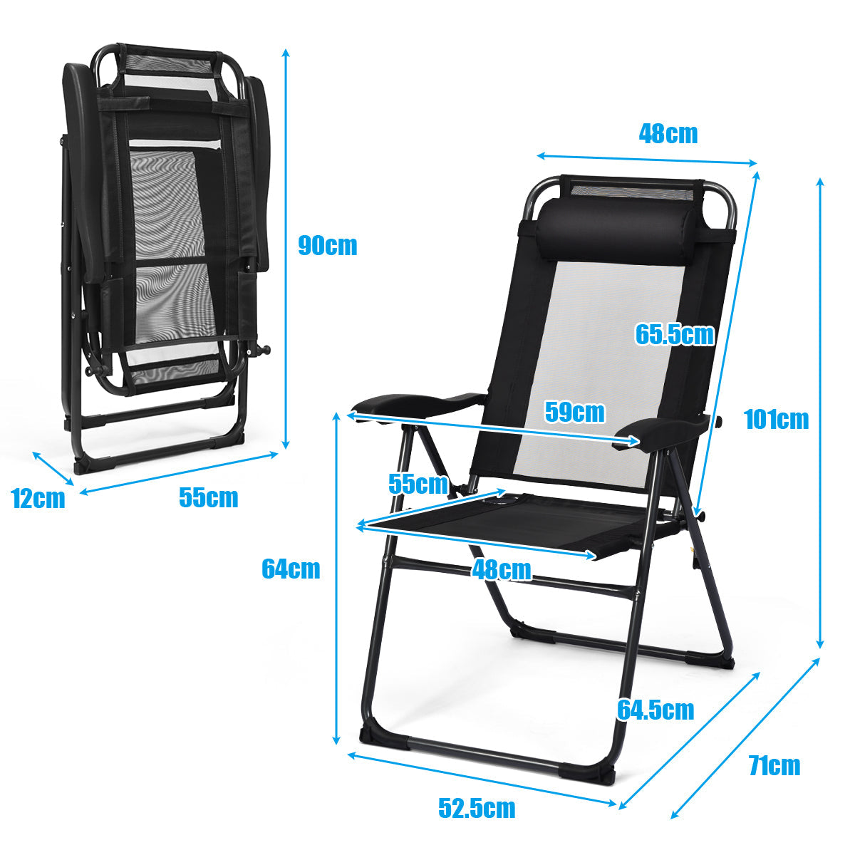 Foldable sling chair with breathable mesh, steel frame, seven adjustable backrest positions, and headrest