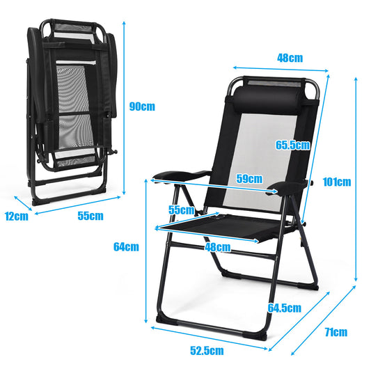 Foldable sling chair with breathable mesh, steel frame, seven adjustable backrest positions, and headrest