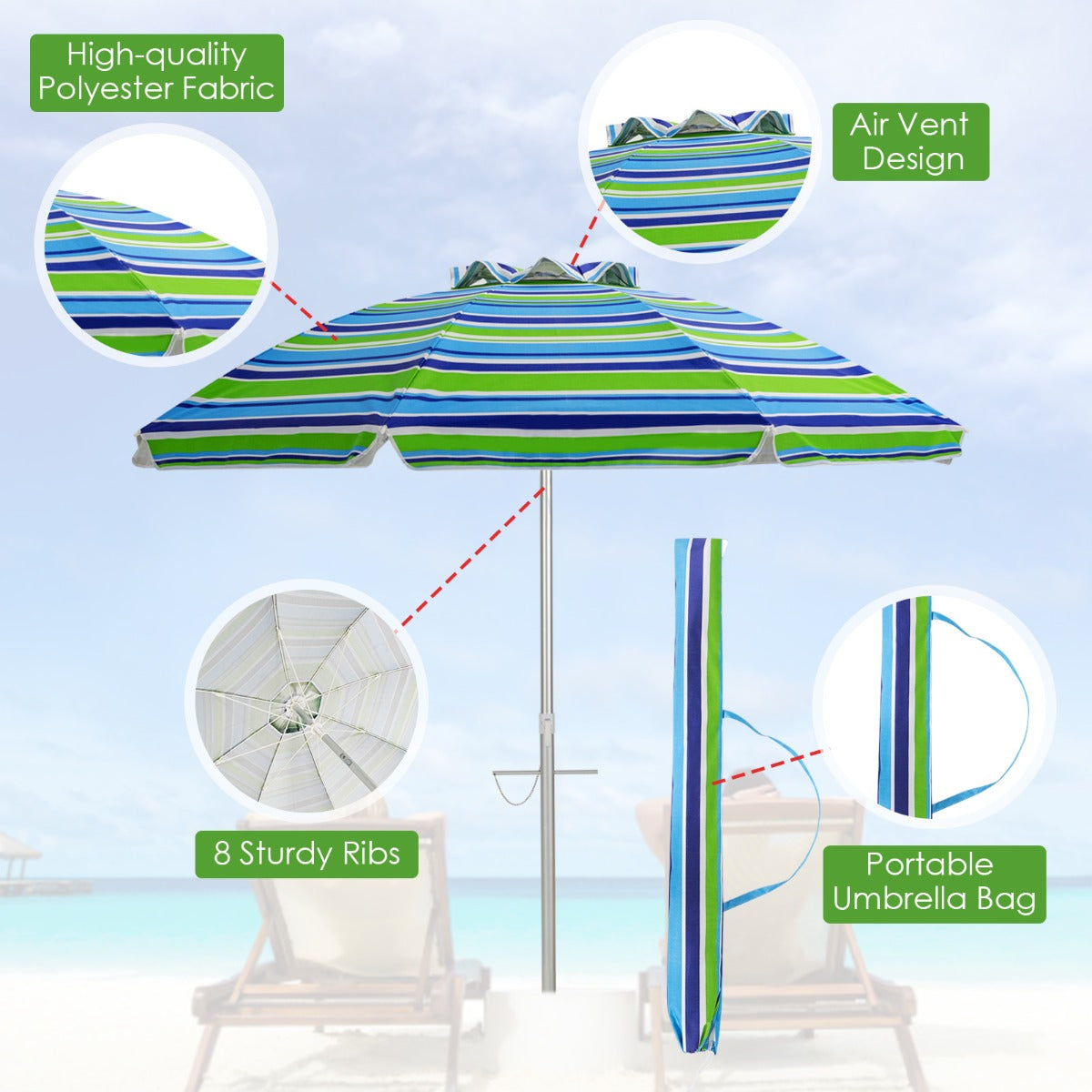198cm Beach Umbrella with Sand Anchor UPF50+ and Carry Bag-Green