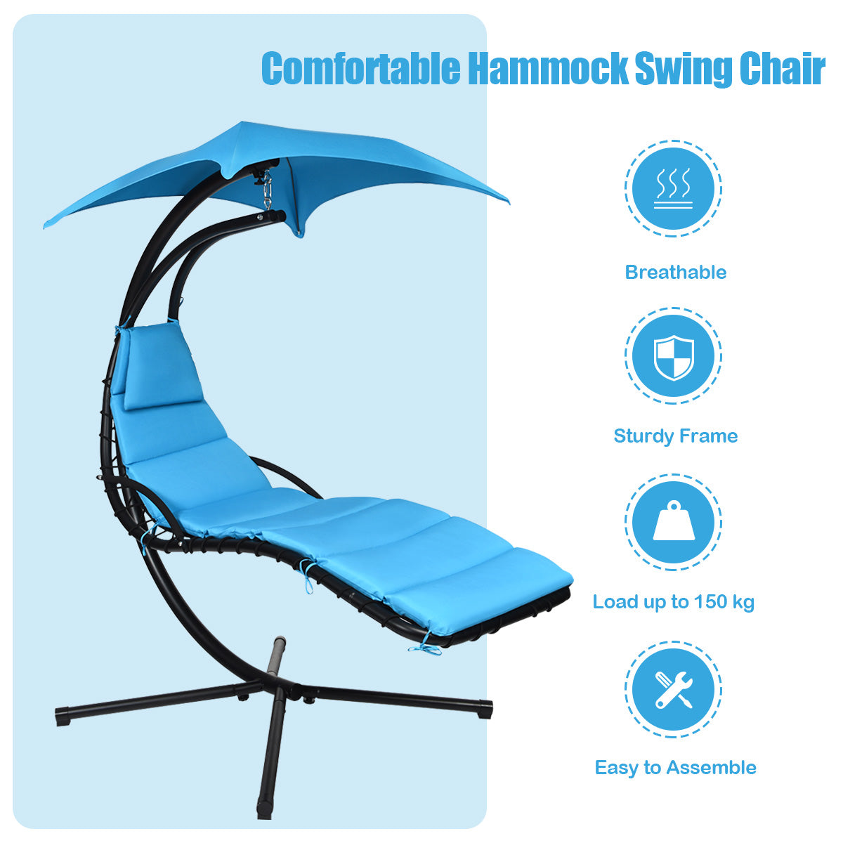 Hanging Lounger Chair with Canopy &amp; Cushion Built-in Pillow-Blue