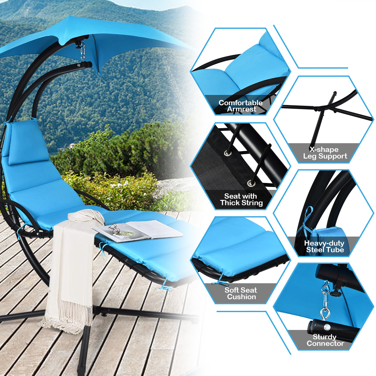 Hanging Lounger Chair with Canopy &amp; Cushion Built-in Pillow-Blue