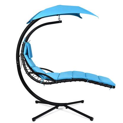 Hanging Lounger Chair with Canopy &amp; Cushion Built-in Pillow-Blue