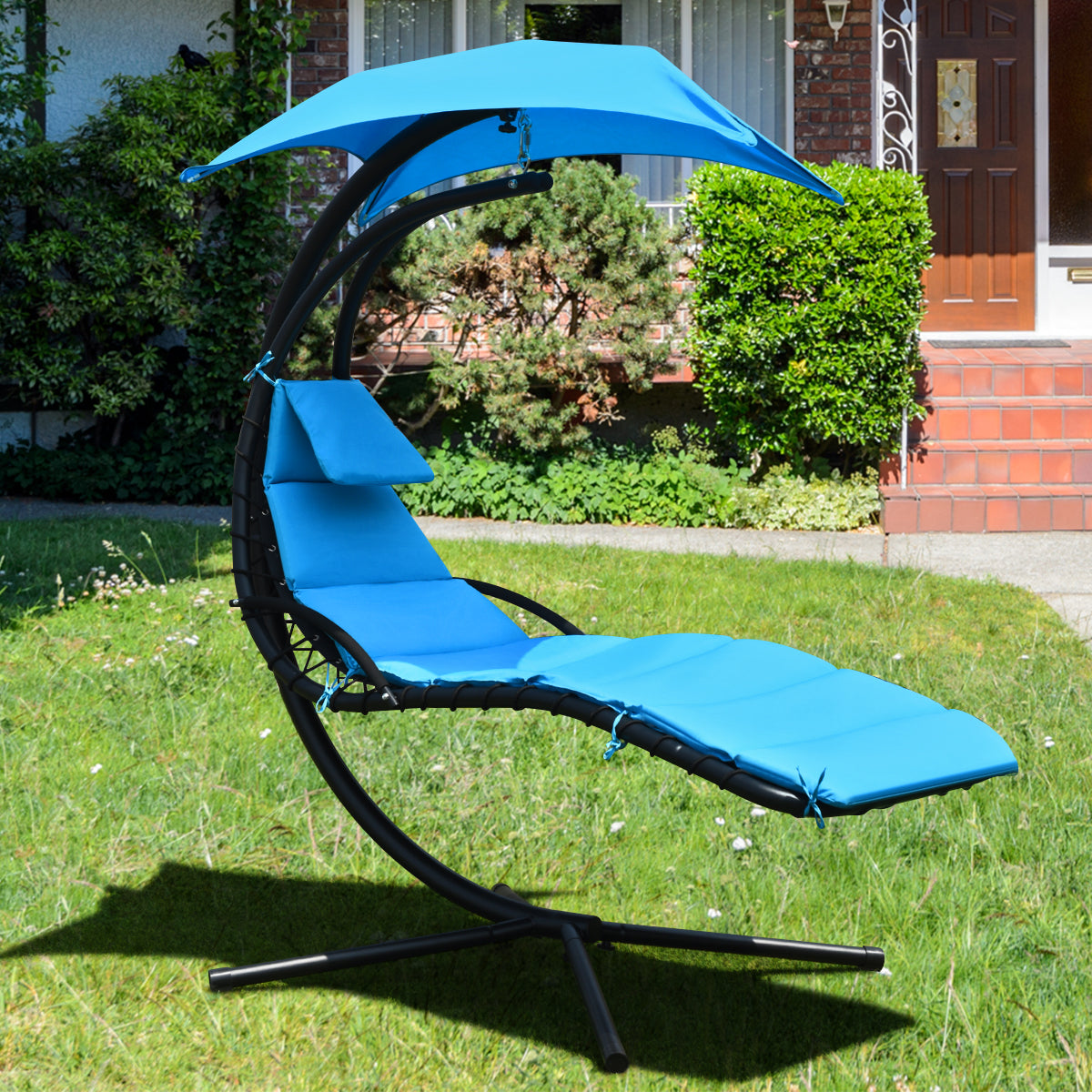 Hanging Lounger Chair with Canopy &amp; Cushion Built-in Pillow-Blue