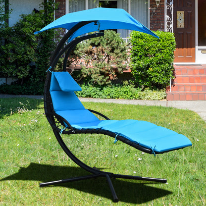 Hanging Lounger Chair with Canopy &amp; Cushion Built-in Pillow-Blue