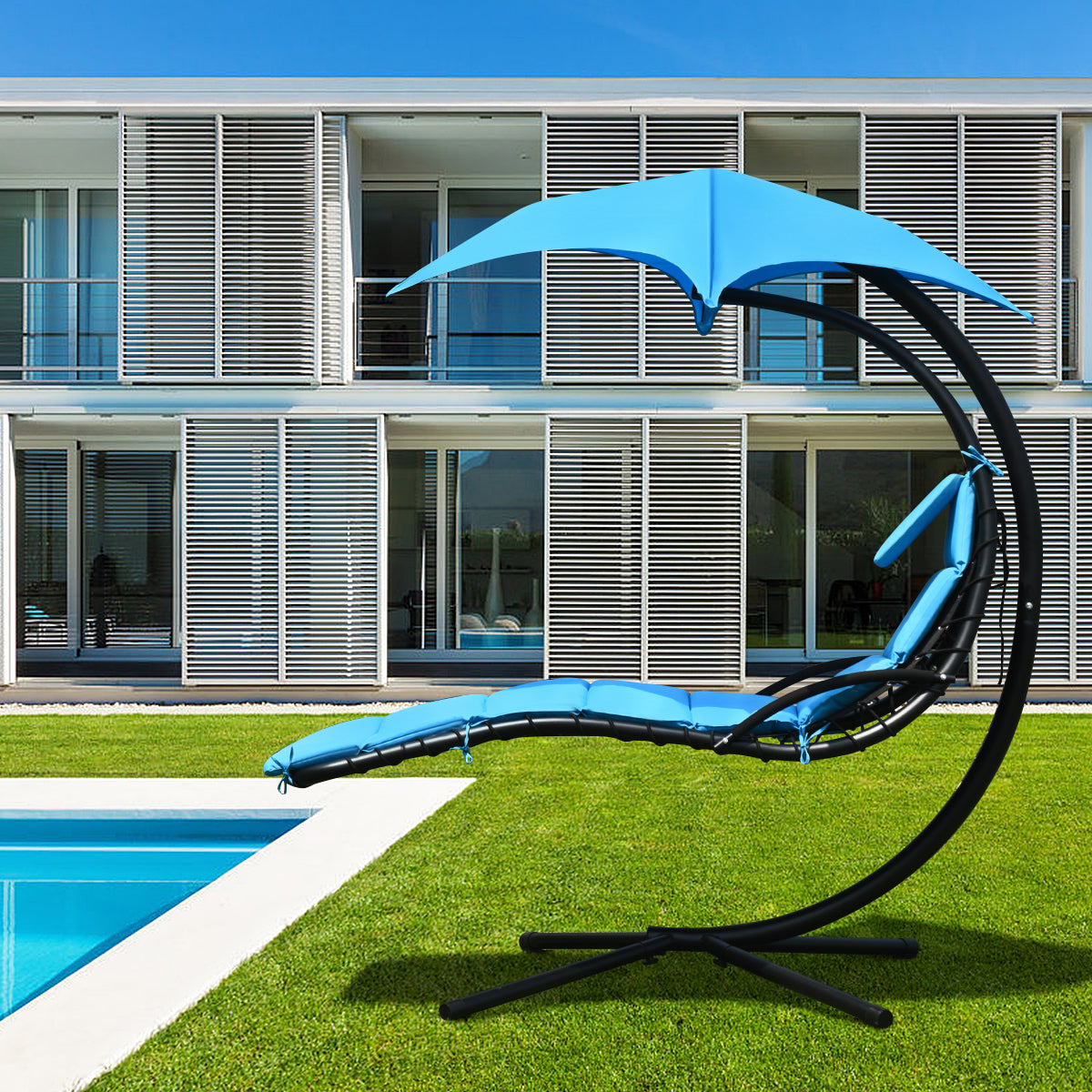 Hanging Lounger Chair with Canopy &amp; Cushion Built-in Pillow-Blue