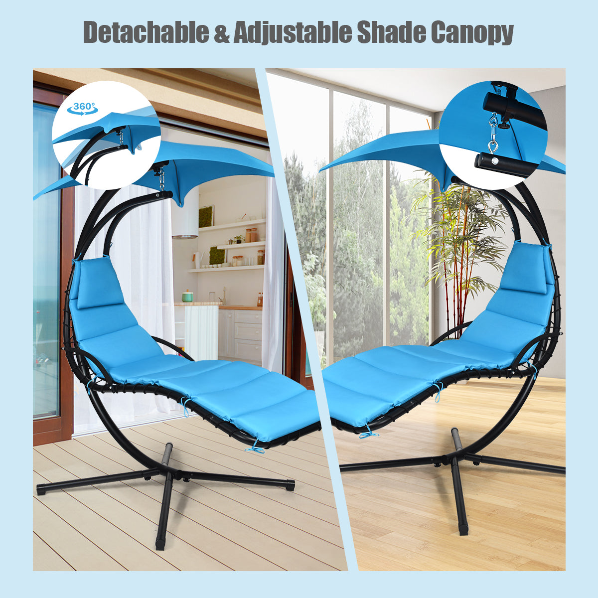 Hanging Lounger Chair with Canopy &amp; Cushion Built-in Pillow-Blue