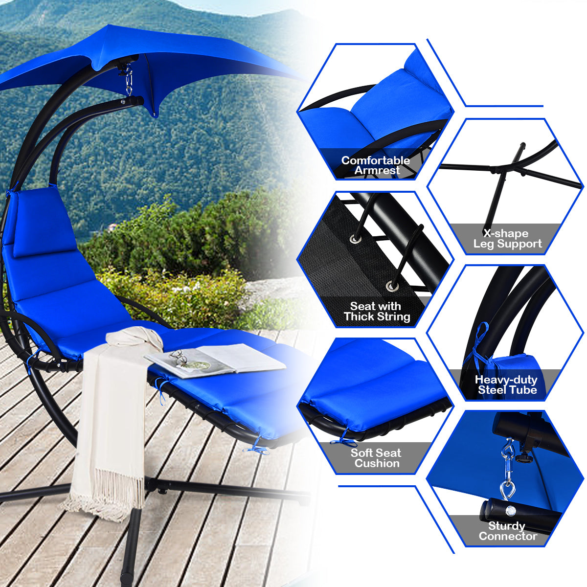 Hanging Lounger Chair with Canopy &amp; Cushion Built-in Pillow-Navy
