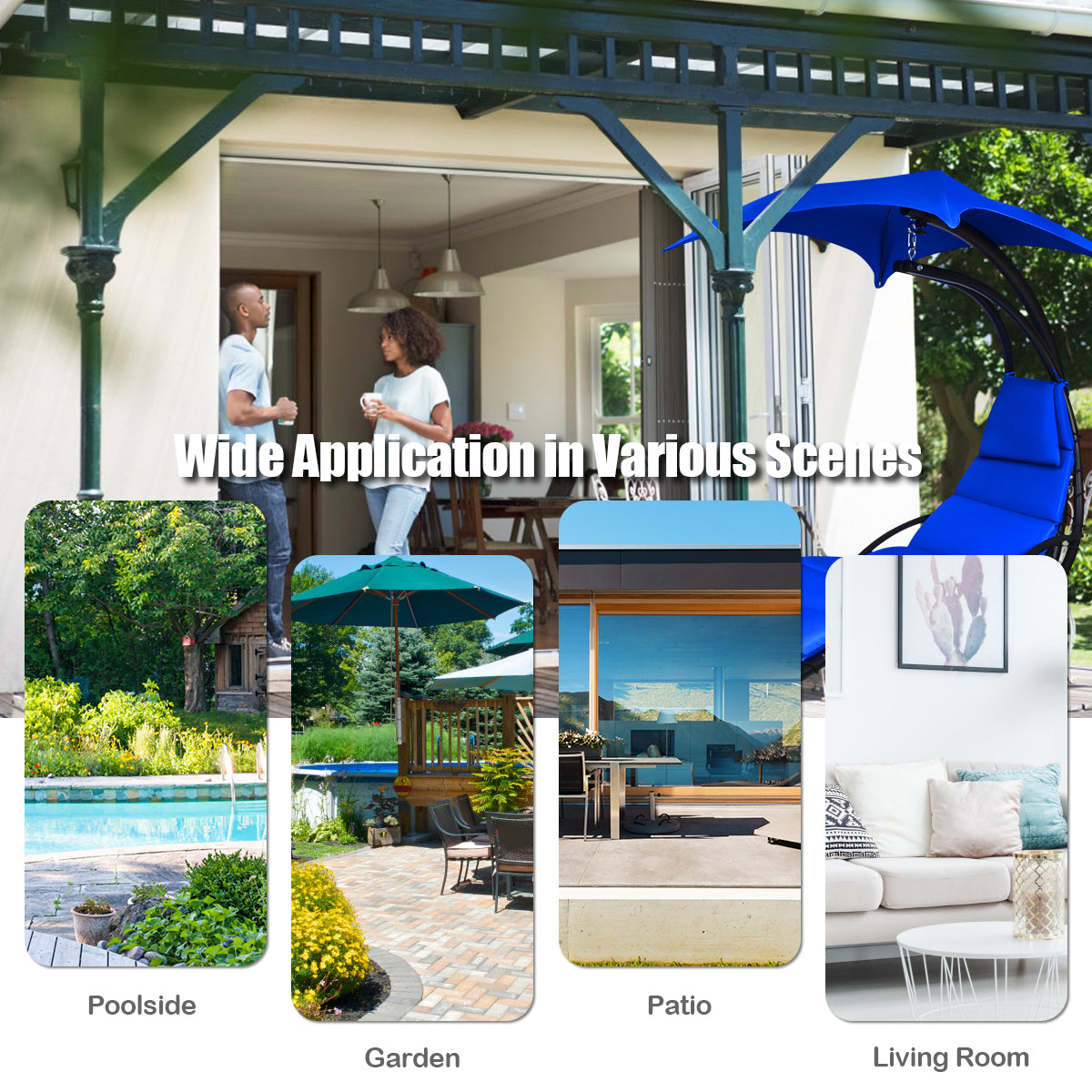 Hanging Lounger Chair with Canopy &amp; Cushion Built-in Pillow-Navy