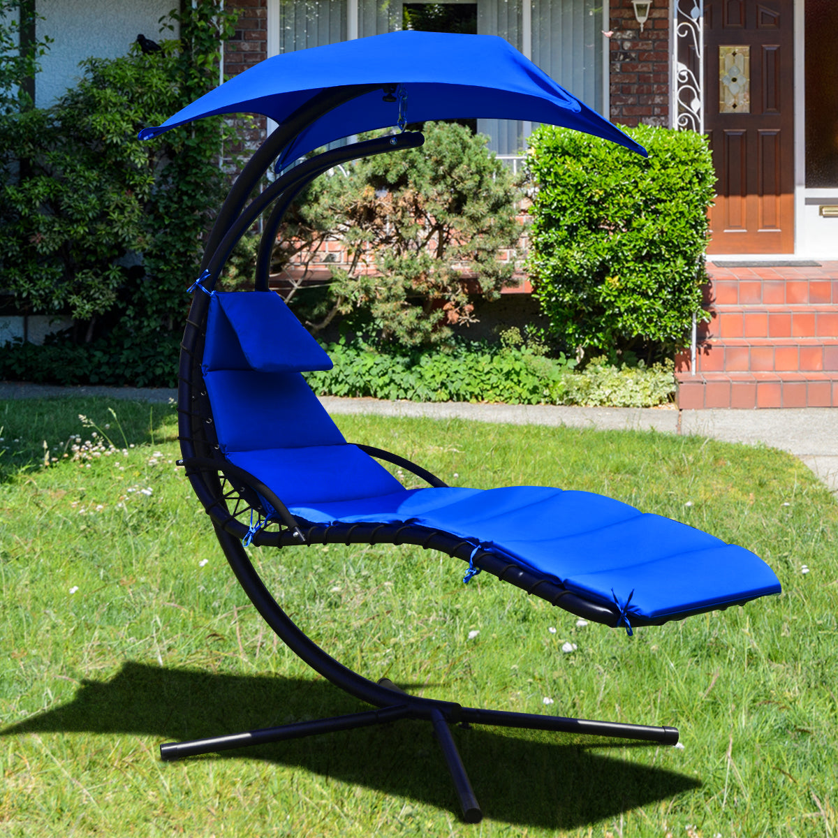 Hanging Lounger Chair with Canopy &amp; Cushion Built-in Pillow-Navy