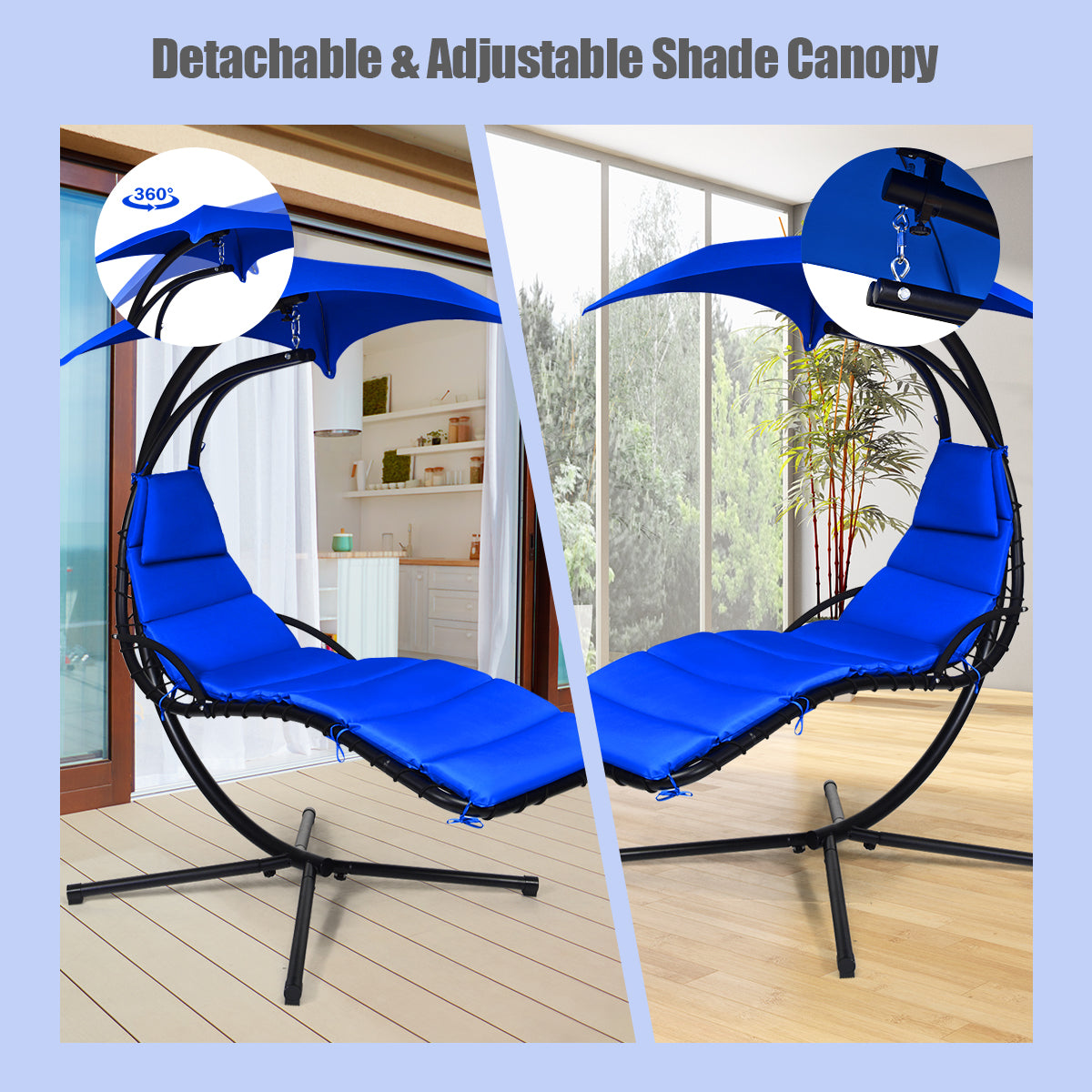 Hanging Lounger Chair with Canopy &amp; Cushion Built-in Pillow-Navy