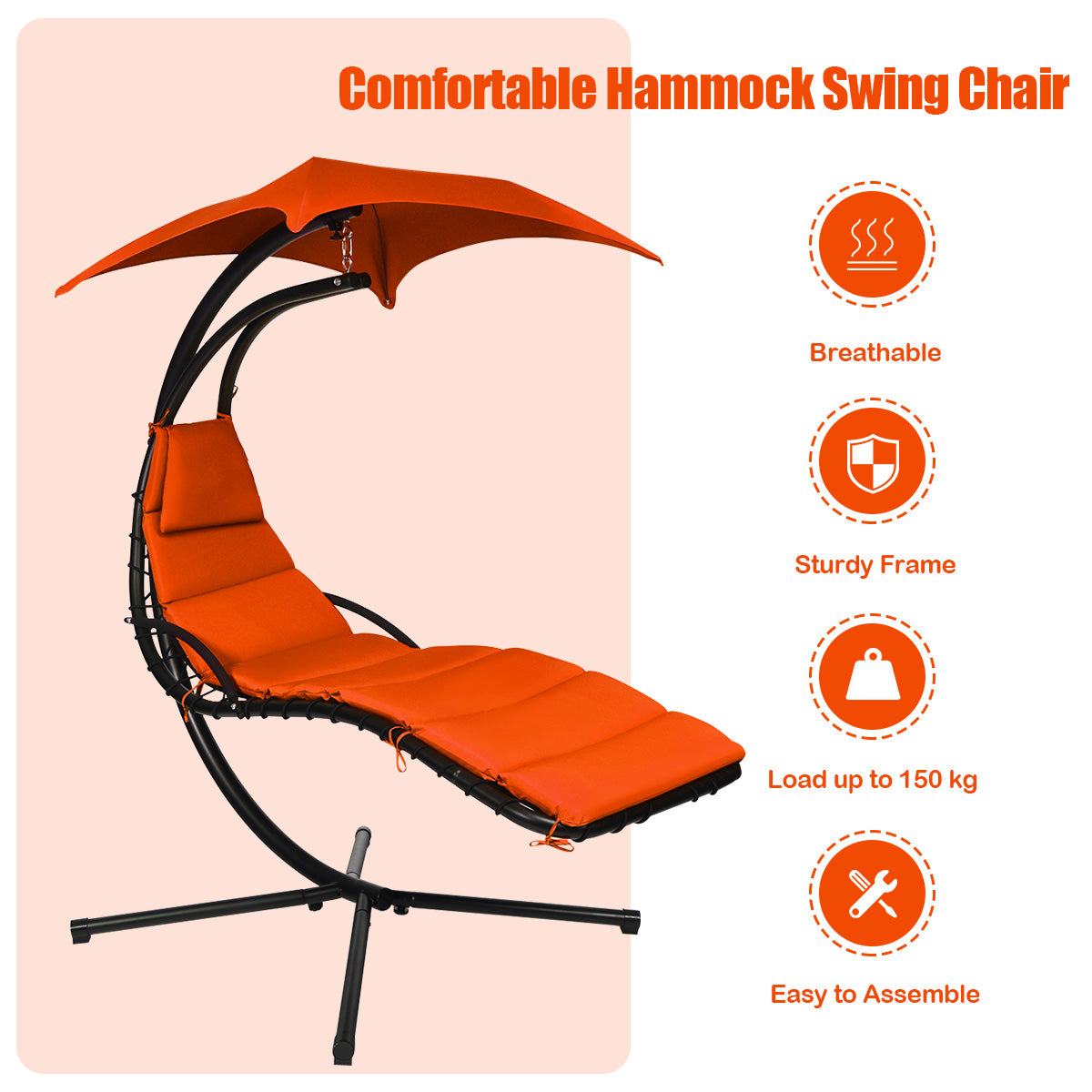Hanging Lounger Chair with Canopy &amp; Cushion Built-in Pillow-Orange
