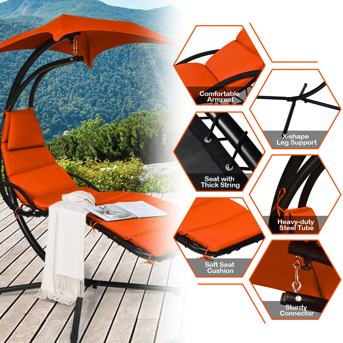 Hanging Lounger Chair with Canopy &amp; Cushion Built-in Pillow-Orange