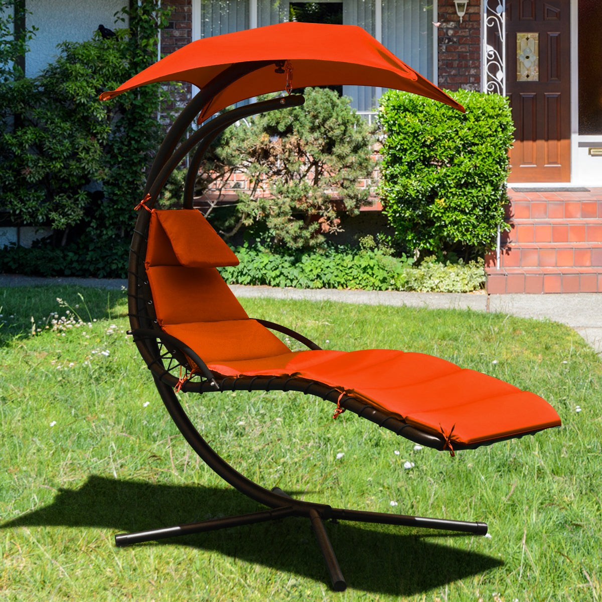 Hanging Lounger Chair with Canopy &amp; Cushion Built-in Pillow-Orange